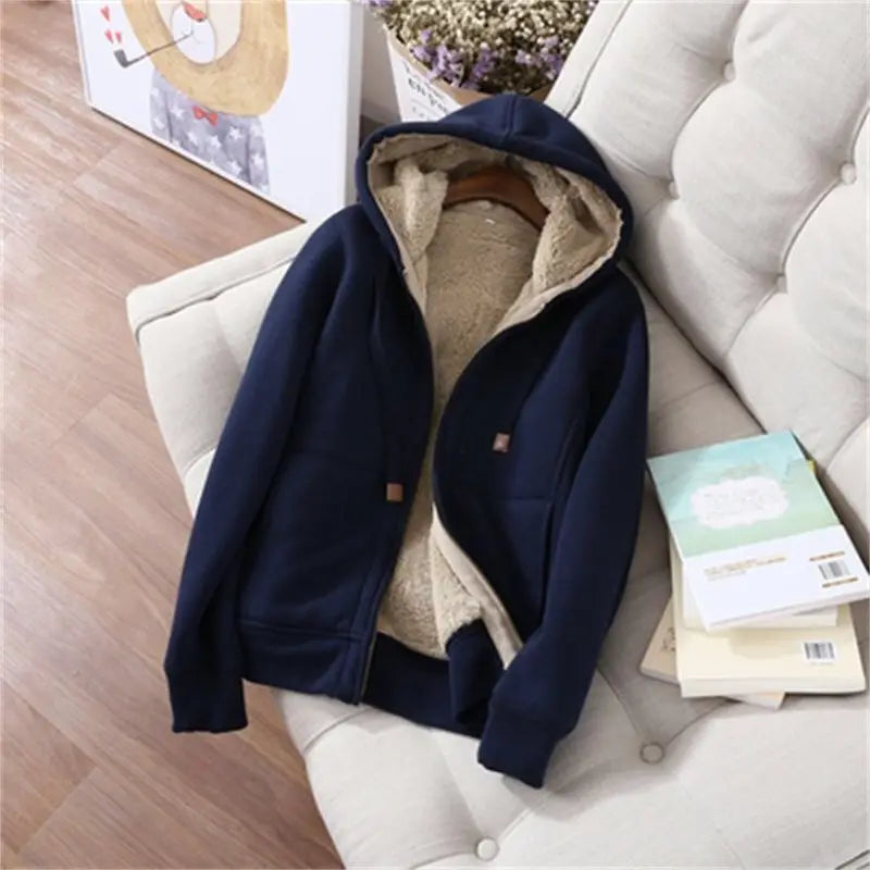 Women's Autumn Winter Plush Thickened Warm Tracksuits Casual Solid Zipper Long Sleeve Hooded Coat And Sweatpants Two Piece Sets