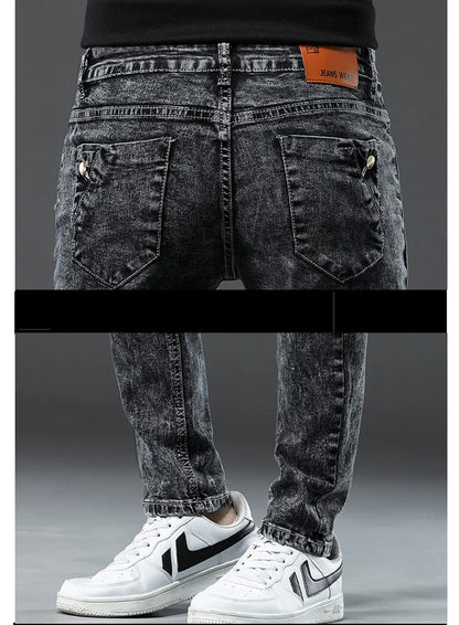 Classic Slim Vintage Fashion Men's Designer Jeans Snowflake Grey Wash Korean Fashion Stretch Pants Multi-button Denim Trousers