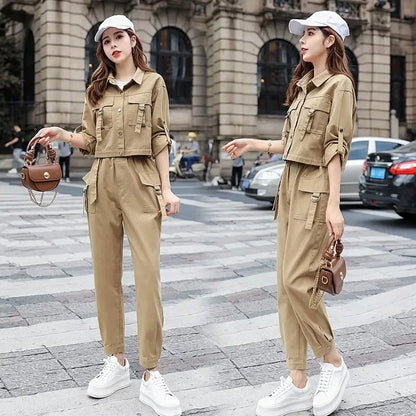 JOEVILU 2PCS Streetwear Tracksuit Cargo Coat Casual Pants 2 Piece Sets Women's Outfits Spring and Autumn Korean Fashion Y2k Suit