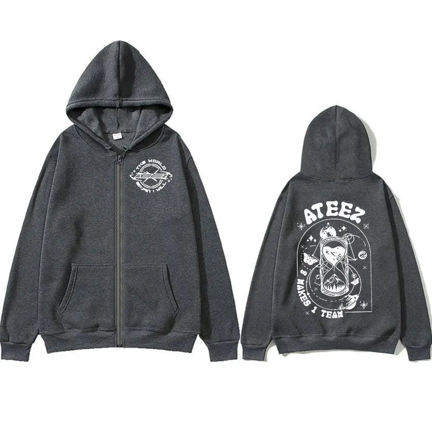 Korean Ateez Fin Wjll Album Concert 2024 Zipper Hoodie Men's Women Hip Hop Pullover Oversized Zip Up Sweatshirt Coats Streetwear