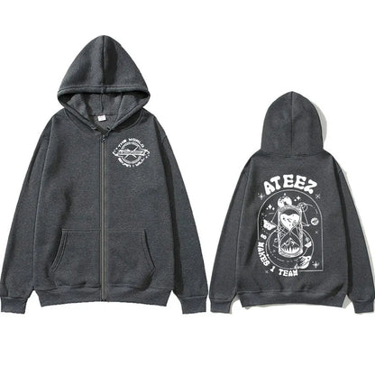 Korean Ateez Fin Wjll Album Concert 2024 Zipper Hoodie Men's Women Hip Hop Pullover Oversized Zip Up Sweatshirt Coats Streetwear