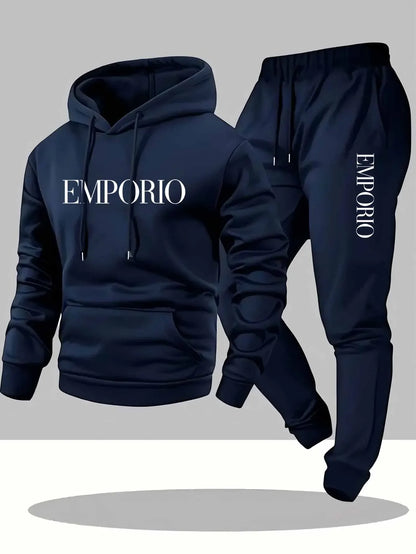 Men's Solid Color Tracksuit Set, Winter Warm Hooded Sweatshirt & Joggers, Casual Streetwear Outfit, Gym Workout Athletic Clothin