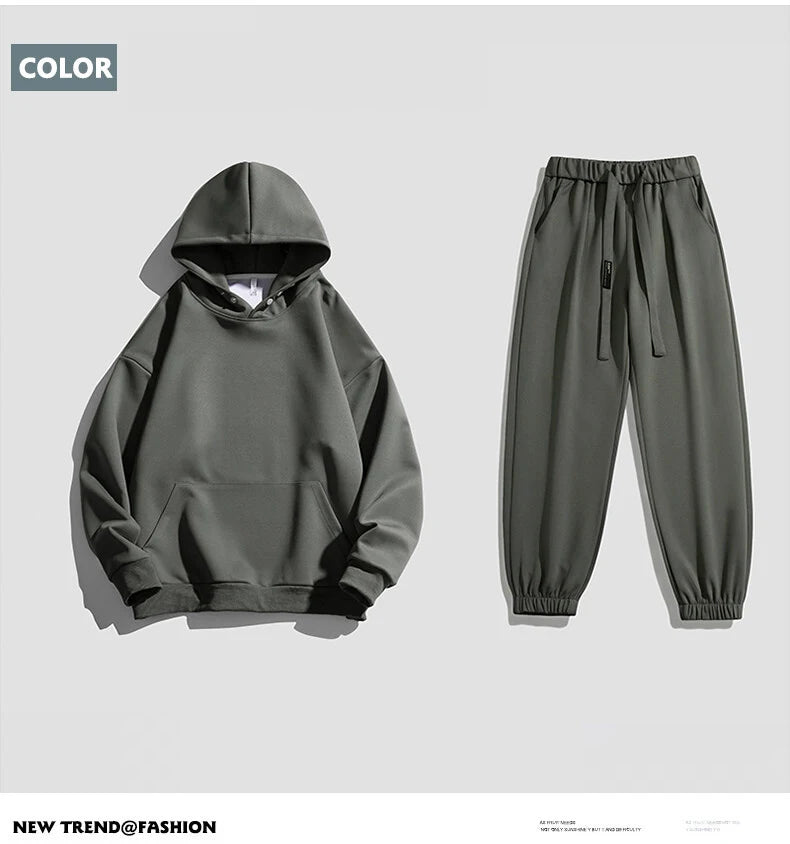 Spring Autumn Men Suit Thickened Warm Windproof Hooded Long Sleeve Trouser Solid Color Casual Sports Two Piece Running Sport Set