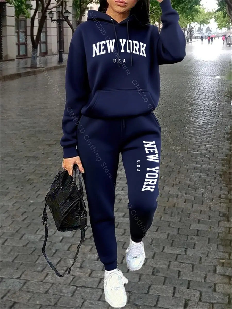 NEW YORK Women Sweatsuit Autumn Winter Two Piece Set Hoodie Pants High quality Loose Fashion Streetwear Ladies Tracksuit Outfits