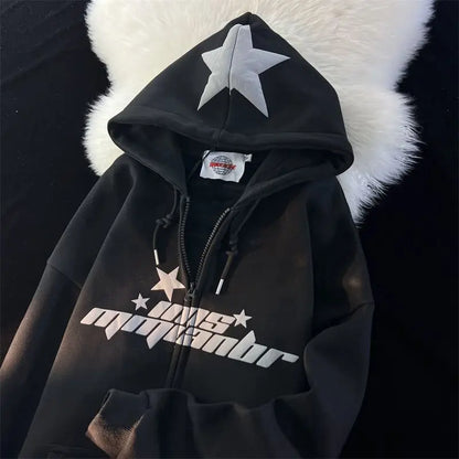 Star Print Hoodies Women's Y2K Street Hip-Hop Zipper Sweatshirt Couple Loose Cashmere Hoodie Cardigan Unisex Casual Coat Women's