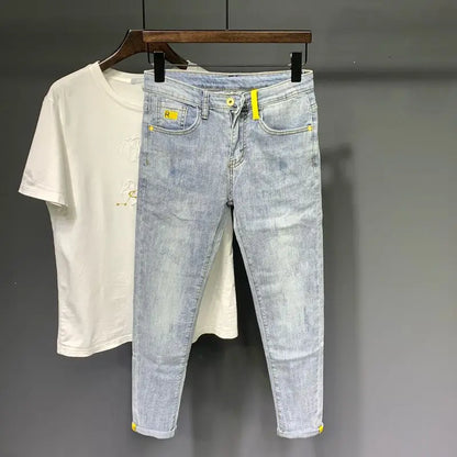 Summer Autumn Korean Designer Luxury Clothing Embroidered Slim Pencil Jeans Men Vintage Washed Casual Streetwear Cotton Trousers