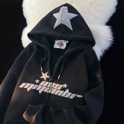 Star Print Hoodies Women's Y2K Street Hip-Hop Zipper Sweatshirt Couple Loose Cashmere Hoodie Cardigan Unisex Casual Coat Women's