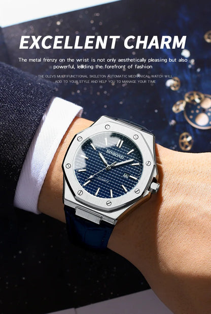BINBOND Men's Watches Top Fashion Original Quartz Wrstwatch for Man Precision Steel Case Textured Dial Leather Strap Waterproof