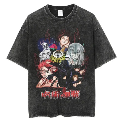 Vintage Anime Printed Washed T-shirt Men Women Cotton T Shirt Hip Hop Streetwear Summer Crew Neck Retro Short Sleeve Tees Tops