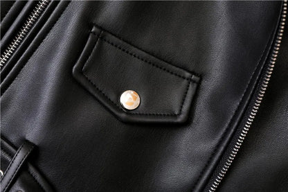 ZVRI classic black Spring and Autumn 2023 The new belt detachable epaulet motorcycle jacket leather jacket