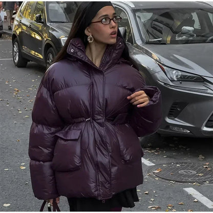 Fashion Burgundy Winter Warm Thicken Zipper Jacket Women Chic Stand Collar Pocket Cotton Coat 2024 Autumn Winter Lady Streetwear