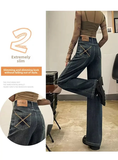 High-waisted Wide-leg Jeans Women's Autumn Winter Petite Fleece-lined Slimming Loose-fit Draped Concrete Grey Straight-leg Pants