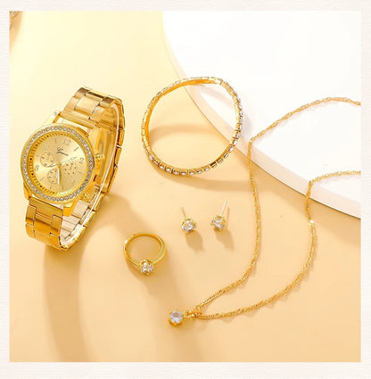 6PCS Set Luxury Watch Women Ring Necklace Earring Rhinestone Fashion Wristwatch Casual Ladies Watches Bracelet Set Clock