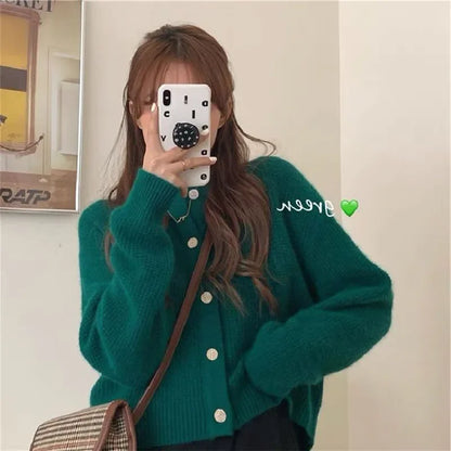 HELIAR Korean Sweet Cardigan Women Long Sleeve Fashion Elegant Knitted Tops Casual O Neck Single Breasted Female Casual Cardigan