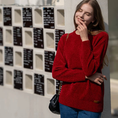 Chenille Sweater for Women O Neck Pullovers Ribbed Cuff Long Sleeve Knitted Tops Women Solid Sweater 2024 Cozy Sweaters Jumpers