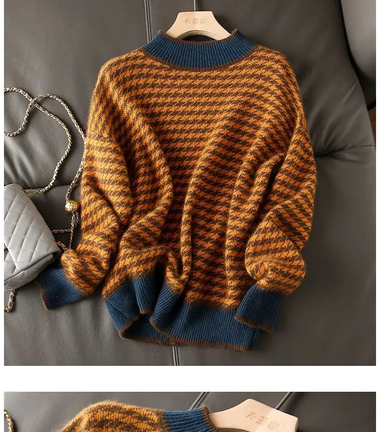 Houndstooth half turtleneck loose and thin knitted sweater women 22 autumn long sleeve casual plaid pullover sweater female
