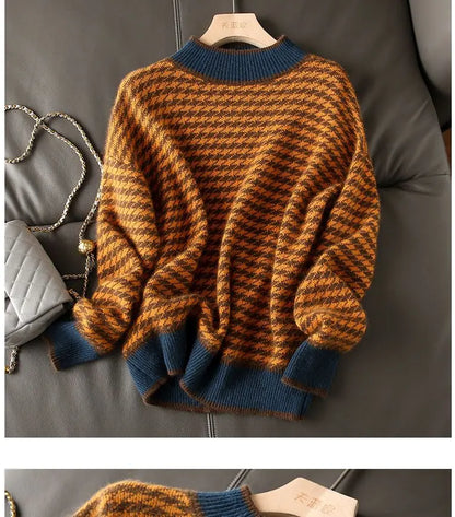 Houndstooth half turtleneck loose and thin knitted sweater women 22 autumn long sleeve casual plaid pullover sweater female