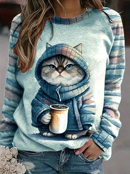 Coffee Cat 3d Print Hoodie Women Fashion Crew Neck Casual Hoodies Animal Cat Sweatshirts Girl Coats Women Sweats Female Clothes