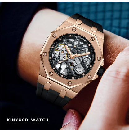 KINYUED Fashion Skeleton Mechanical Watch Top Brand Luxury Men's Steampunk Transparent Hollow Automatic Watch Relogio Masculino