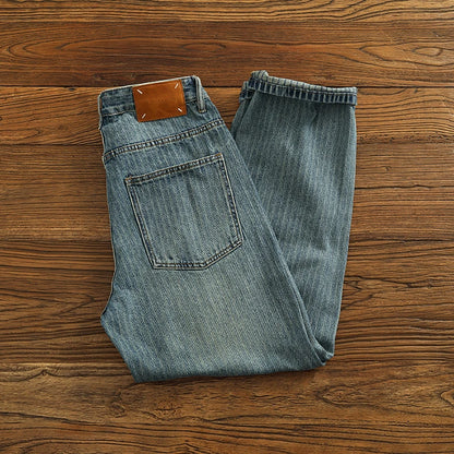 Heavy chunky jeans men vintage do old wash dark vertical texture of loose straight leg denim pants