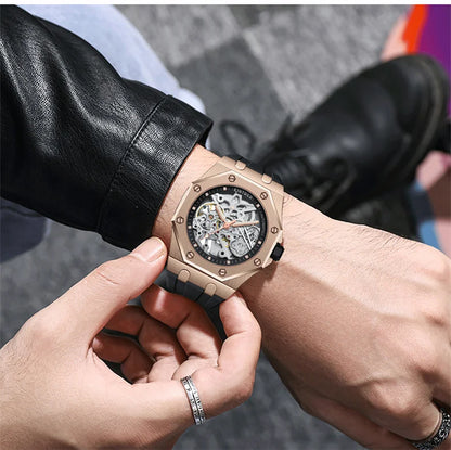 KINYUED Fashion Skeleton Mechanical Watch Top Brand Luxury Men's Steampunk Transparent Hollow Automatic Watch Relogio Masculino