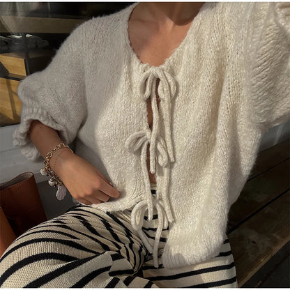 Bow Lace Up Hollow Out Knitted Cardigan  for Women