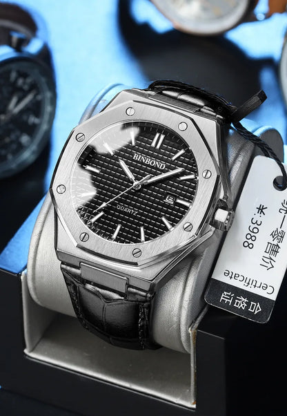 BINBOND Men's Watches Top Fashion Original Quartz Wrstwatch for Man Precision Steel Case Textured Dial Leather Strap Waterproof