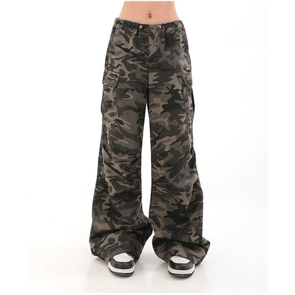American Retro High Street Casual Overalls Camouflage Loose Wide Leg Pants For Women Y2k Hip-hop Cargo Grunge Baggy Trousers