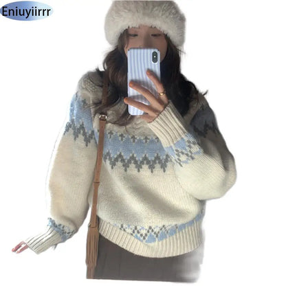 New Arrival Autumn Winter 2024 Scandinavia Lethargic Style Casual Women Tops Geometric Striped Lantern Sleeve Mock Neck Sweater