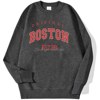 Original Boston Est.98 Street Letter Print Sweatshirt For Men Autumn Casual Hoodie O-Neck Soft Pullover Street Trend Clothes