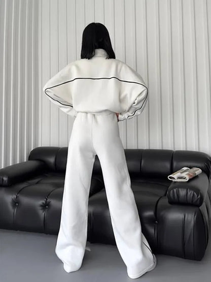 Jacket Women Tracksuit Wide Leg Pants Two Pieces Set Half High Neck Zippers Cardigan Outerwear Drawstring Pockets Matching Set