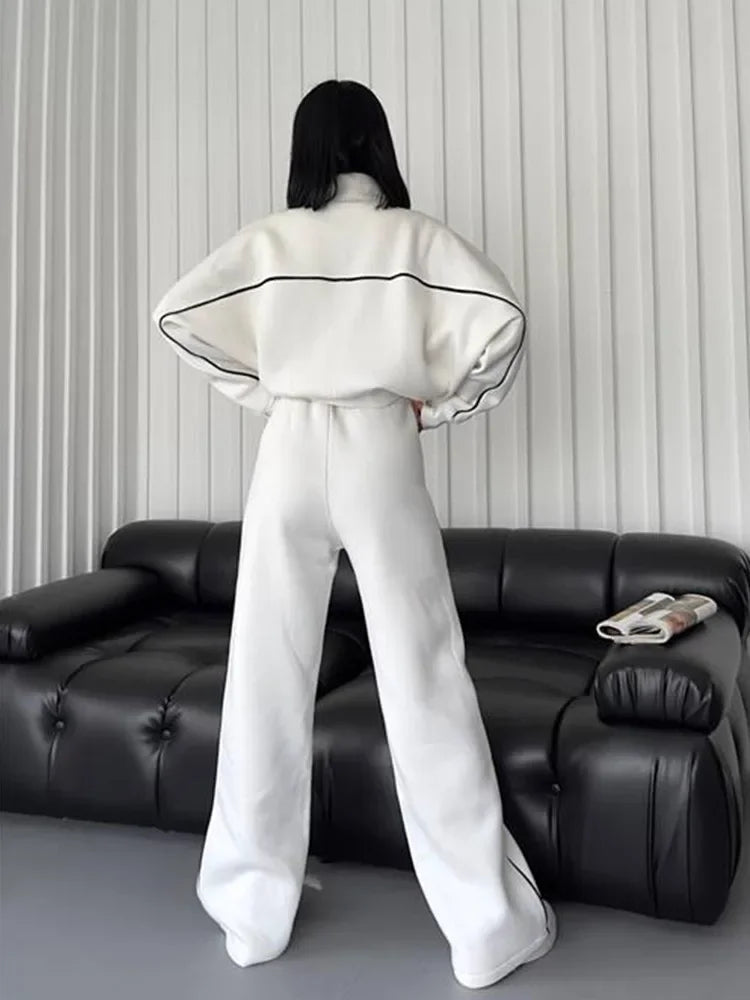Jacket Women Tracksuit Wide Leg Pants Two Pieces Set Half High Neck Zippers Cardigan Outerwear Drawstring Pockets Matching Set