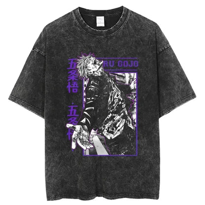 Vintage Anime Printed Washed T-shirt Men Women Cotton T Shirt Hip Hop Streetwear Summer Crew Neck Retro Short Sleeve Tees Tops