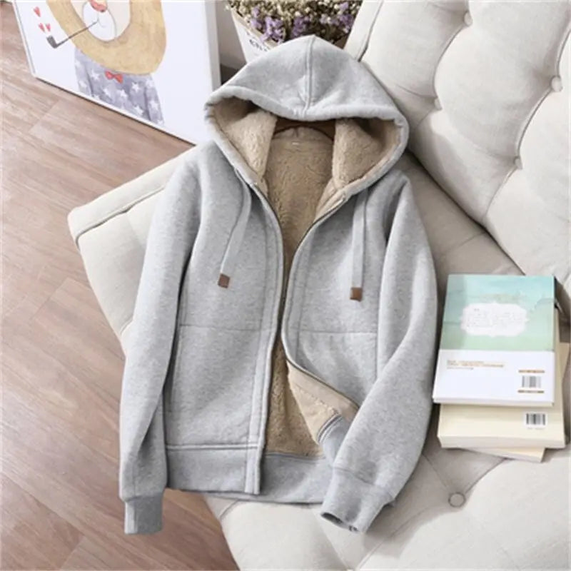 Women's Autumn Winter Plush Thickened Warm Tracksuits Casual Solid Zipper Long Sleeve Hooded Coat And Sweatpants Two Piece Sets