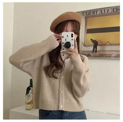 HELIAR Korean Sweet Cardigan Women Long Sleeve Fashion Elegant Knitted Tops Casual O Neck Single Breasted Female Casual Cardigan