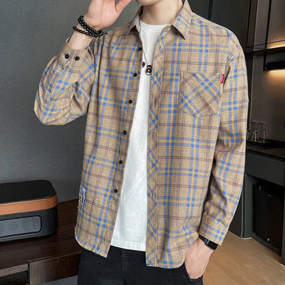 Men's Long Sleeved Checkered Shirt, Korean Slim Fit Jacket, Casual Student Trend Shirt, Lining