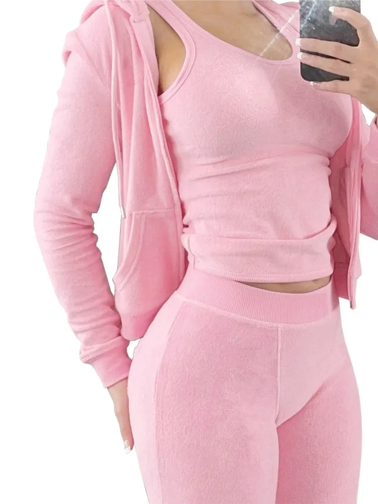 Autumn Winter Double-sided Velvet Vest 3 Piece Set For Woman's Fashion Hooded Sweatshirt Jacket Slim Pocket Trousers Female Suit