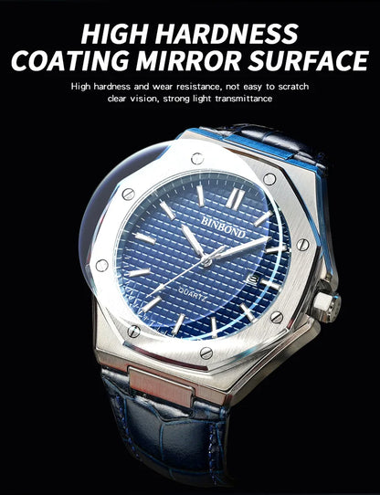 BINBOND Men's Watches Top Fashion Original Quartz Wrstwatch for Man Precision Steel Case Textured Dial Leather Strap Waterproof