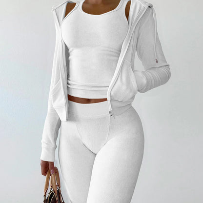 Autumn Winter Double-sided Velvet Vest 3 Piece Set For Woman's Fashion Hooded Sweatshirt Jacket Slim Pocket Trousers Female Suit
