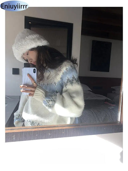 New Arrival Autumn Winter 2024 Scandinavia Lethargic Style Casual Women Tops Geometric Striped Lantern Sleeve Mock Neck Sweater