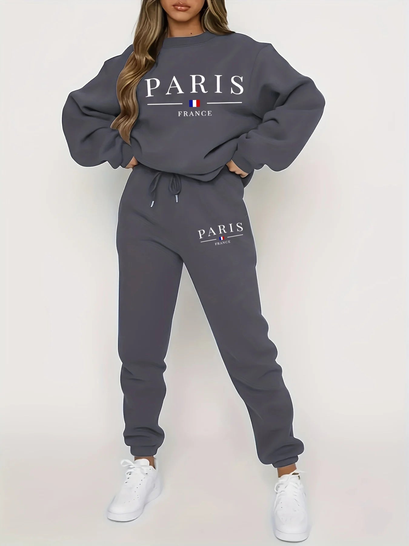 Women's Autumn/Winter Hip Hop Casual Street Paris French Pattern Printed Round Neck Sweatshirt+Sweatpants Warm Set