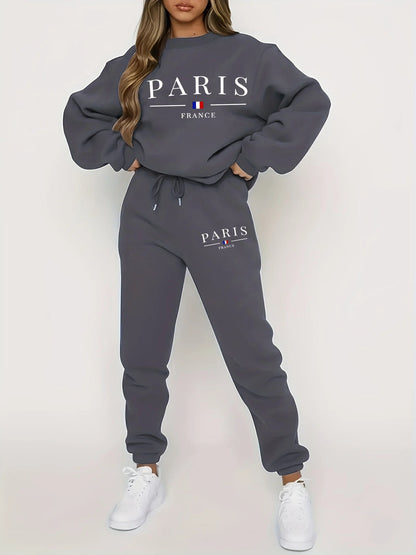 Women's Autumn/Winter Hip Hop Casual Street Paris French Pattern Printed Round Neck Sweatshirt+Sweatpants Warm Set