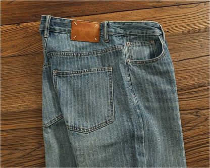Heavy chunky jeans men vintage do old wash dark vertical texture of loose straight leg denim pants