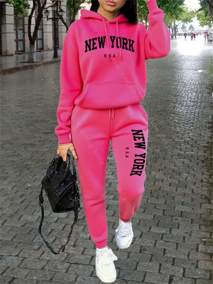 NEW YORK Women Sweatsuit Autumn Winter Two Piece Set Hoodie Pants High quality Loose Fashion Streetwear Ladies Tracksuit Outfits