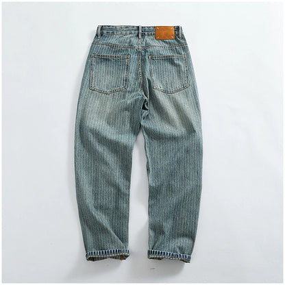 Heavy chunky jeans men vintage do old wash dark vertical texture of loose straight leg denim pants