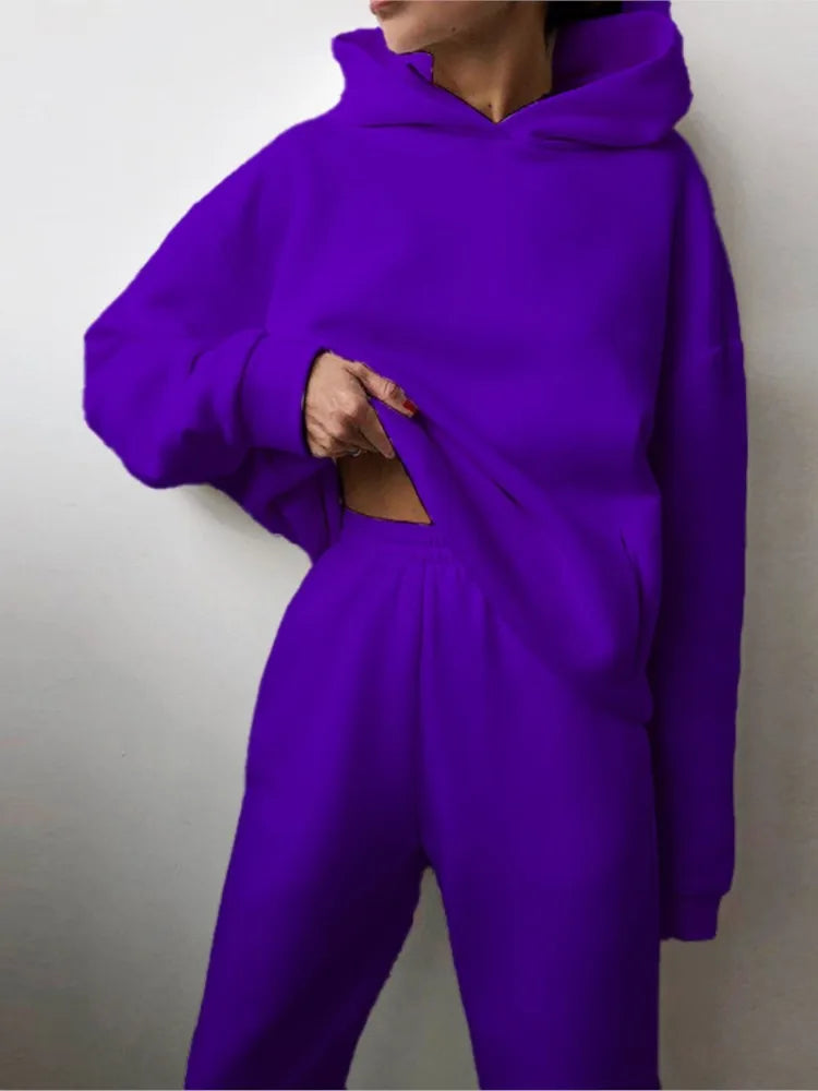 Autumn Winter Casual Thickened Sports Hooded Sweatshirt Trousers Suit Women's Fashion Loose Pocket Female Trousers 2 Pieces Set