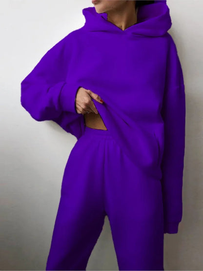 Autumn Winter Casual Thickened Sports Hooded Sweatshirt Trousers Suit Women's Fashion Loose Pocket Female Trousers 2 Pieces Set