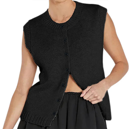 Casual Knitted Single Breasted Vest Women Loose Solid O Neck Sleeveless Female Waistcoat 2024 Autumn Lady All-match Streetwear