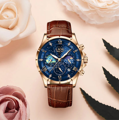LIGE Women Watches Fashion Luxury Quartz Leather Strap Moon Phase Waterproof Luminous Wristwatch Date Business Casual Lady Clock
