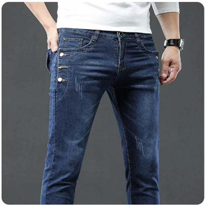 Classic Slim Vintage Fashion Men's Designer Jeans Snowflake Grey Wash Korean Fashion Stretch Pants Multi-button Denim Trousers